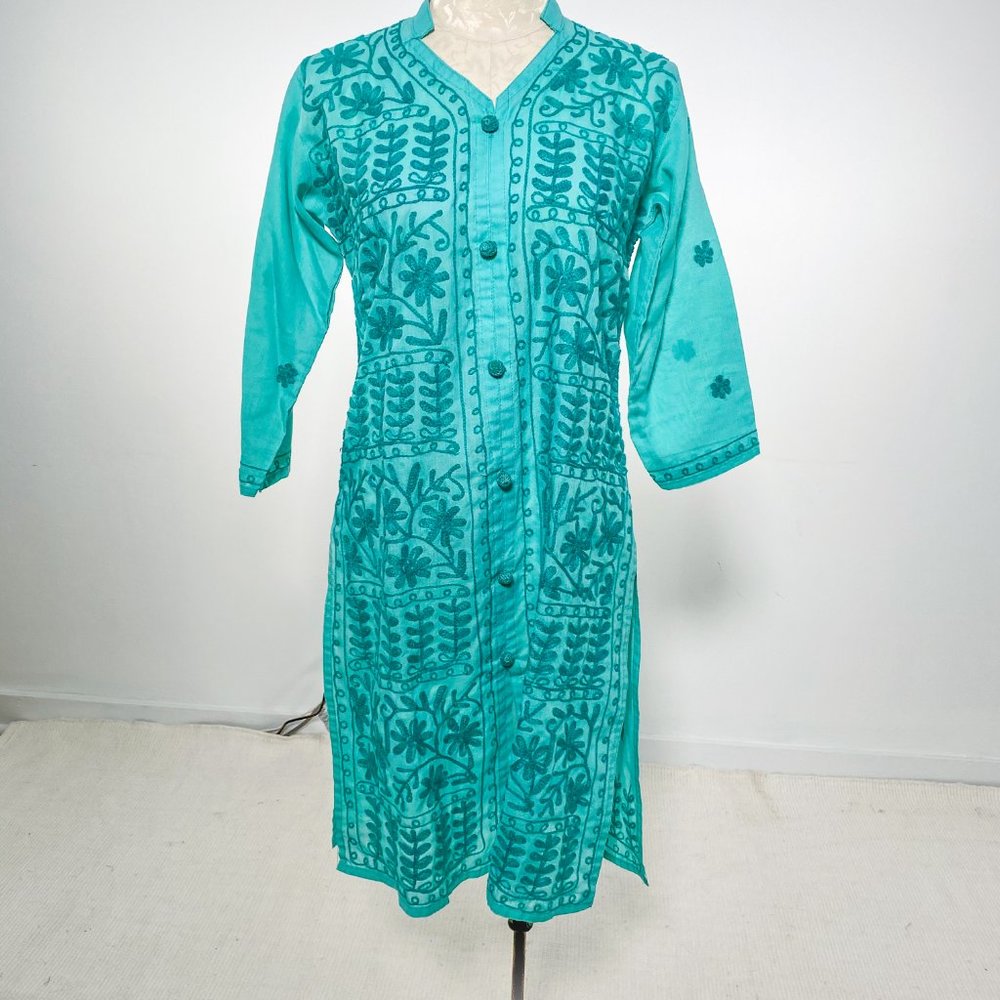 Vintage 70s S Boho Embroidered Tunic Dress Green - Picture 11 of 13